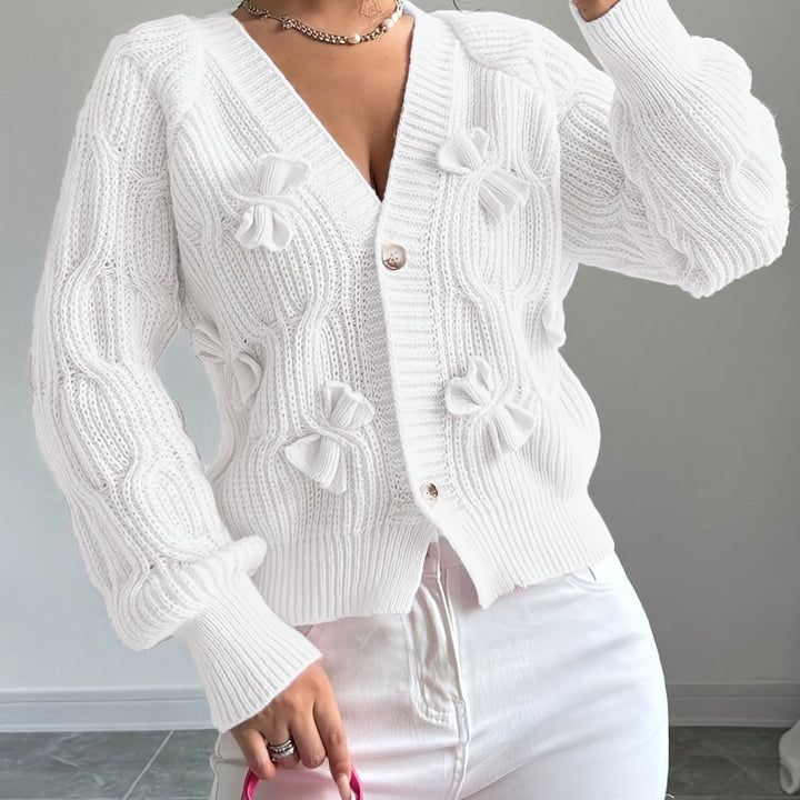 Cropped Cardigan Womens Bow Applique V Neck Button Front Pearl Look Buttons - image 3