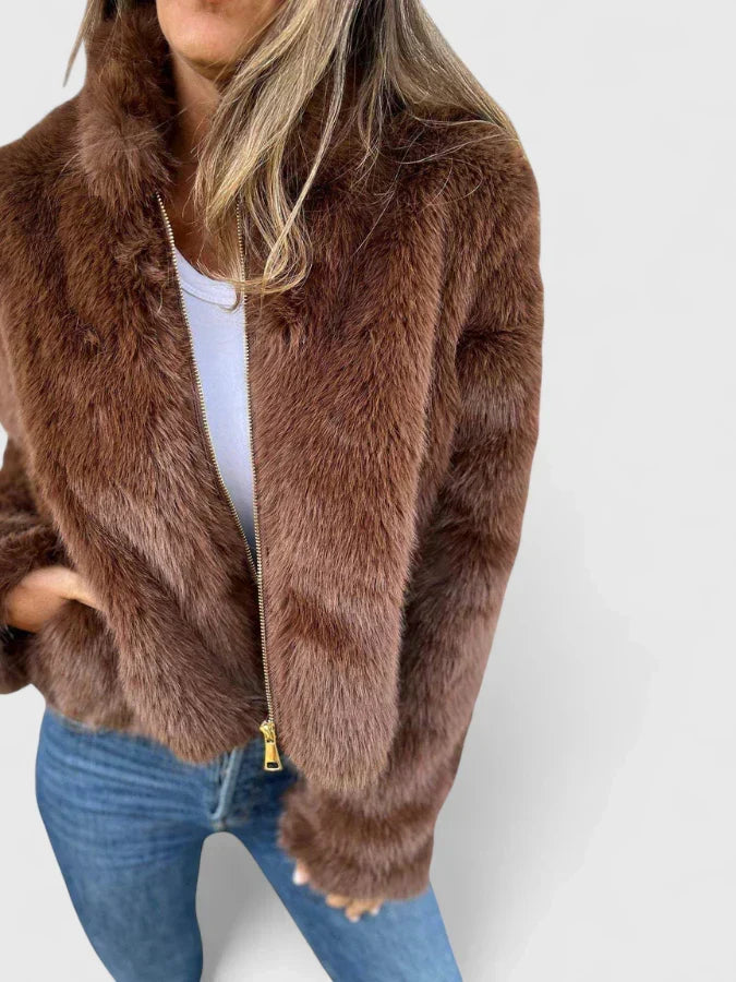 Faux Fur Jacket Womens Cropped Stand Collar Long Sleeve - image 4