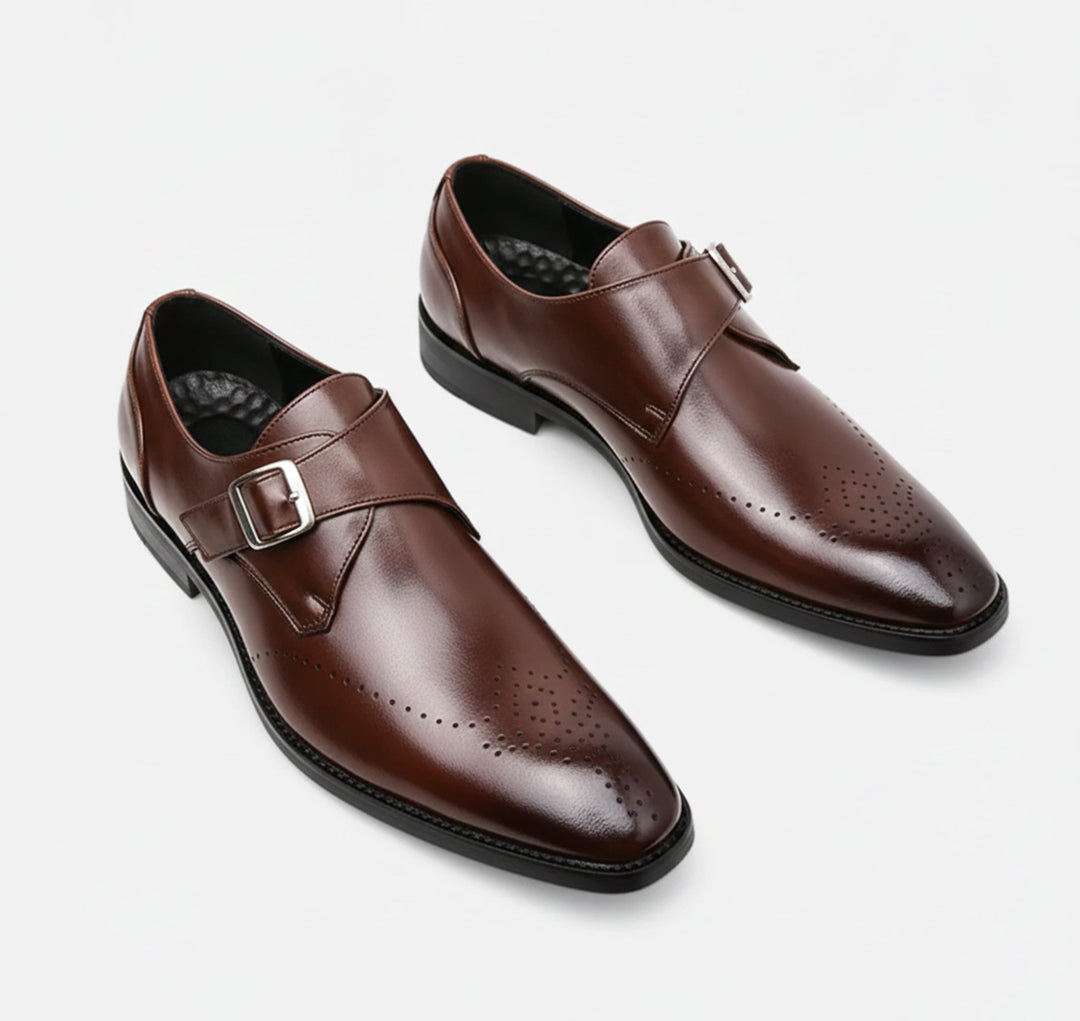 Monk Strap Shoes Mens Single Buckle Brogue Detail Leather-Look Formal Wedding Office - image 6