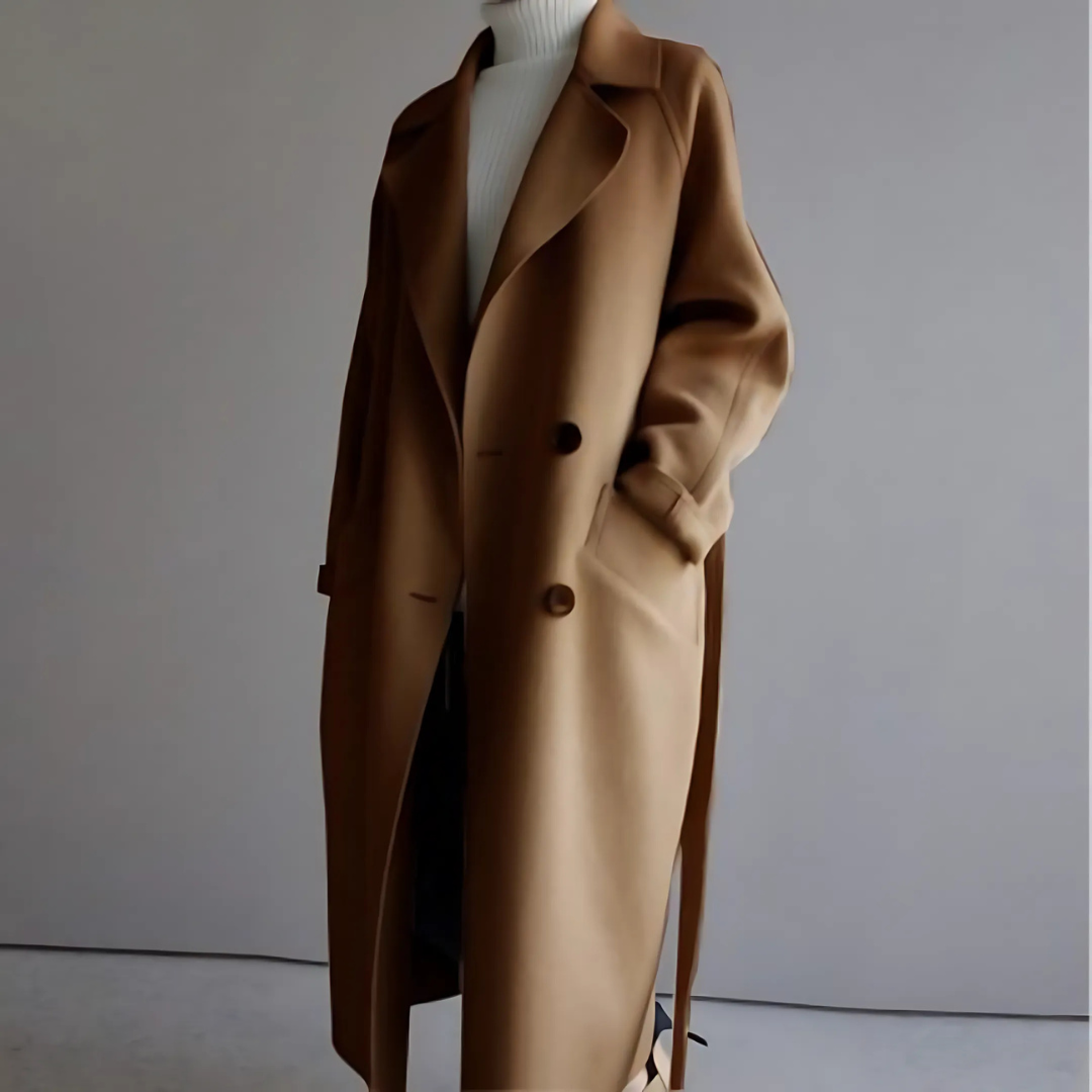 Belted Coat Womens Long Double Breasted Lapel Collar Wrap Tie Waist Relaxed Fit Winter - image 1