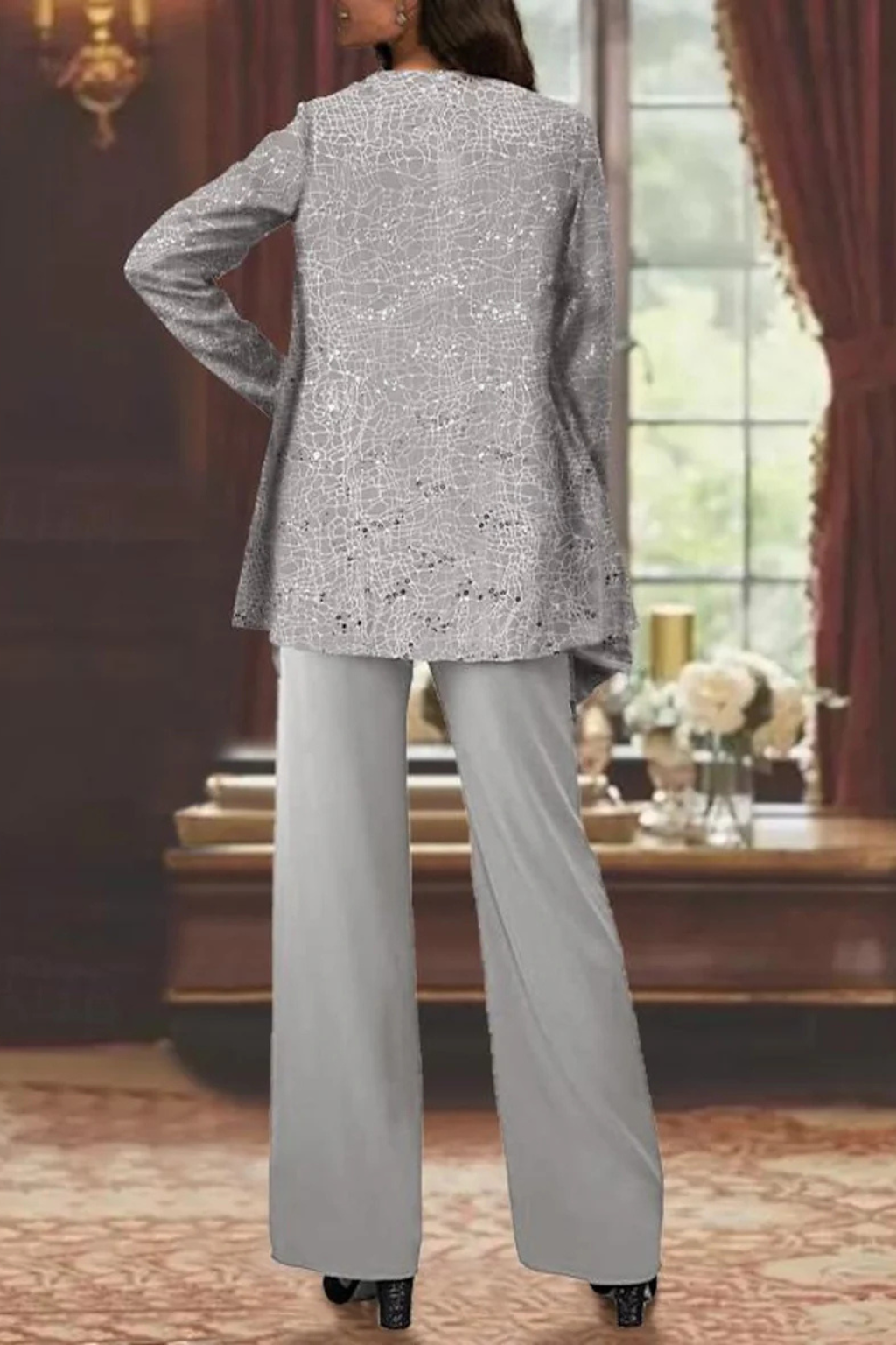 Three Piece Set Womens Sequin Cardigan Top Wide Leg Trousers