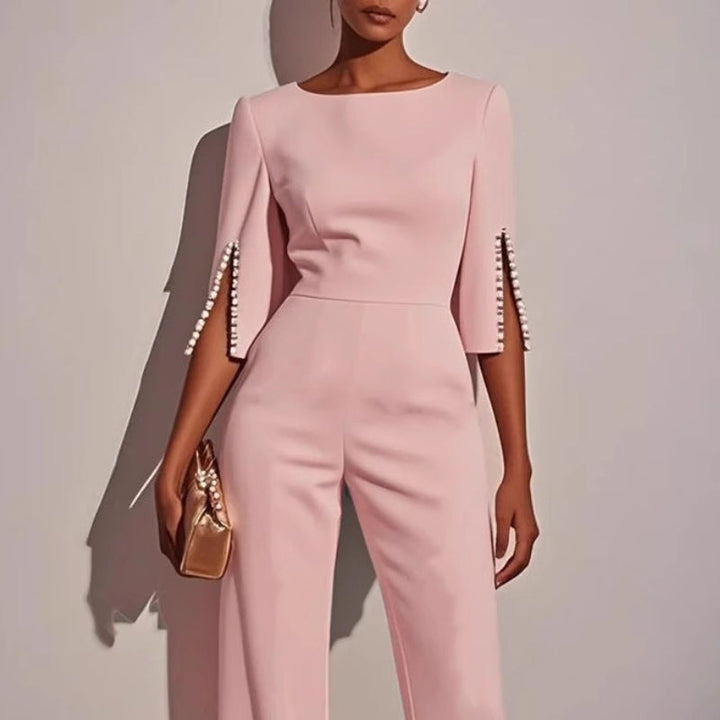Jumpsuit Womens Wide Leg Pearl Detail Split Sleeve