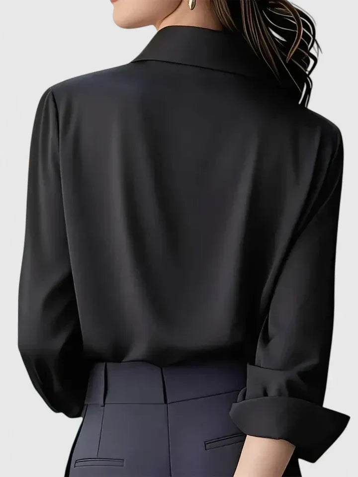 Satin Shirt Womens Long Sleeve Concealed Button Placket Collared Curved Hem Relaxed Fit - image 4