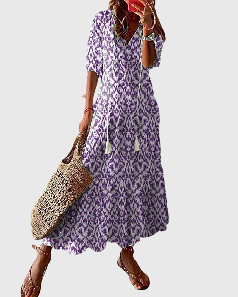 Summer Dress Womens V Neck Boho Print Relaxed Fit