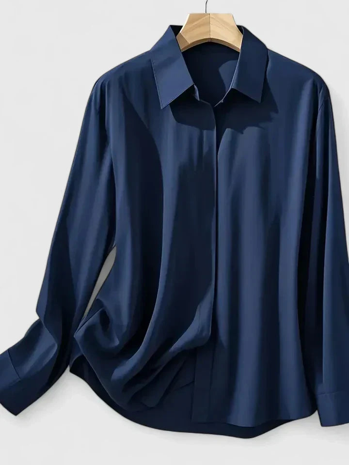 Satin Shirt Womens Long Sleeve Concealed Button Placket Collared Curved Hem Relaxed Fit - image 5