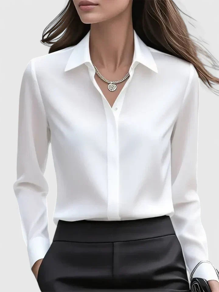 Satin Shirt Womens Long Sleeve Concealed Button Placket Collared Curved Hem Relaxed Fit - image 11