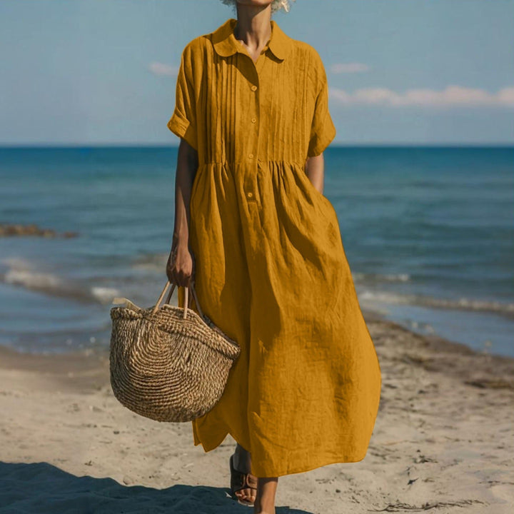 Linen Shirt Dress Womens Collared Pintuck Bodice Short Sleeve Maxi - image 7