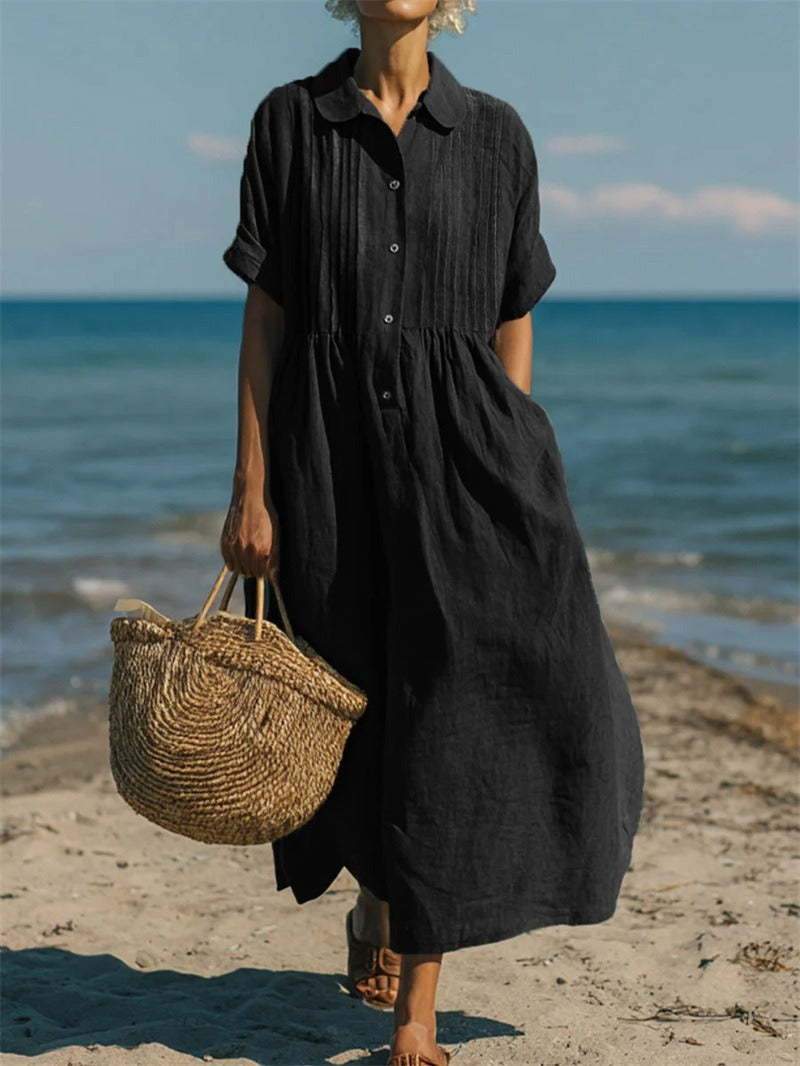 Linen Shirt Dress Womens Collared Pintuck Bodice Short Sleeve Maxi - image 11
