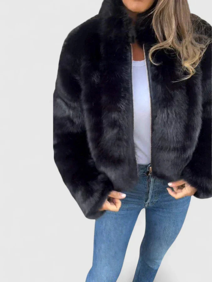 Faux Fur Jacket Womens Cropped Stand Collar Long Sleeve - image 6