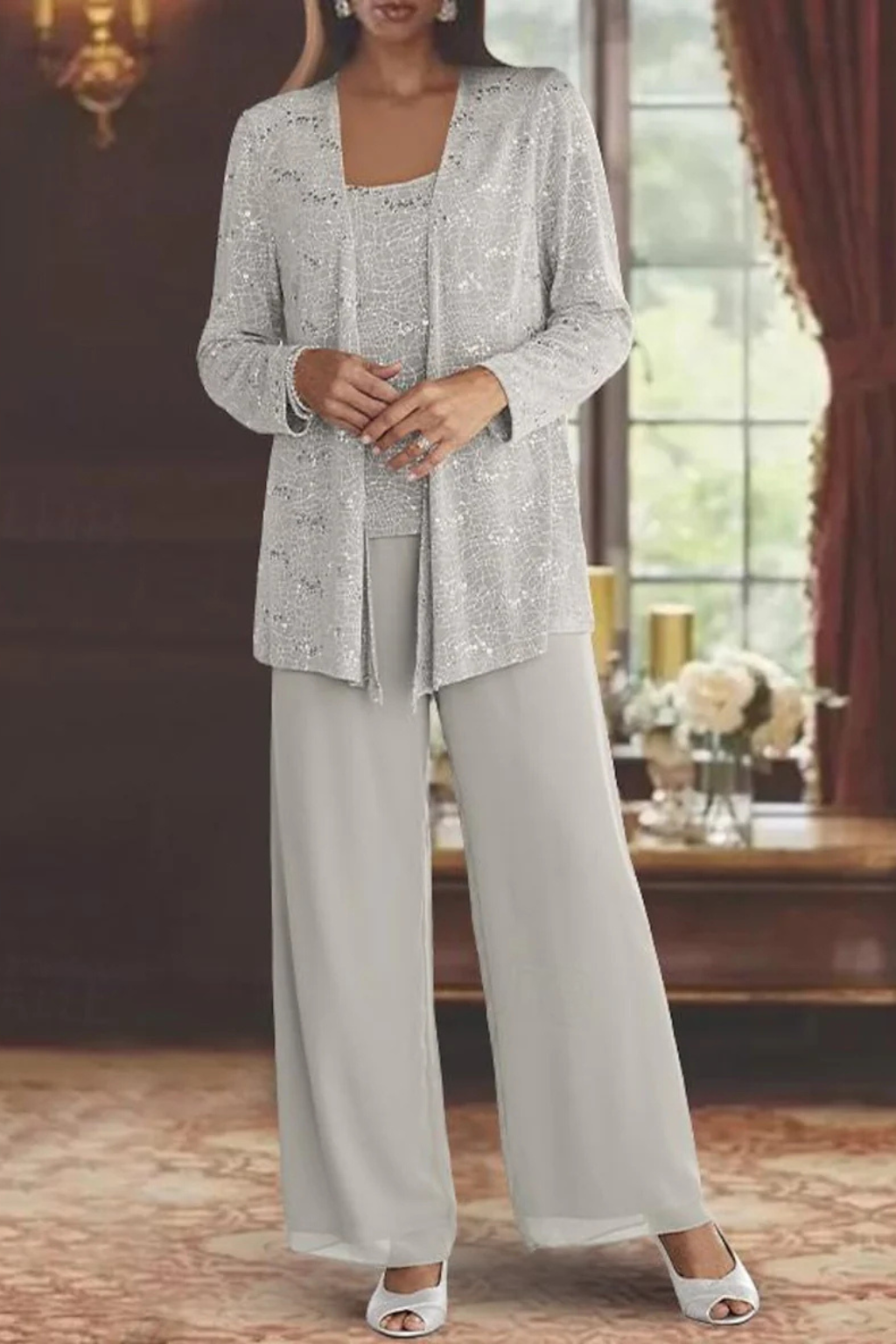 Three Piece Set Womens Sequin Cardigan Top Wide Leg Trousers