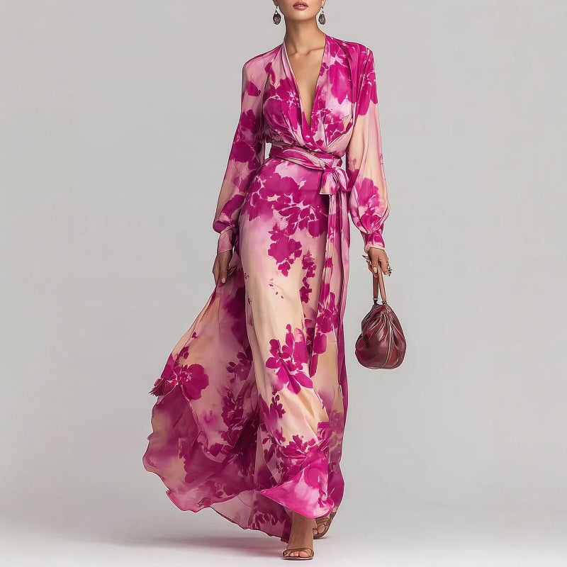 Chiffon Maxi Dress Womens Floral Long Lantern Sleeve Deep V Neck - image 2