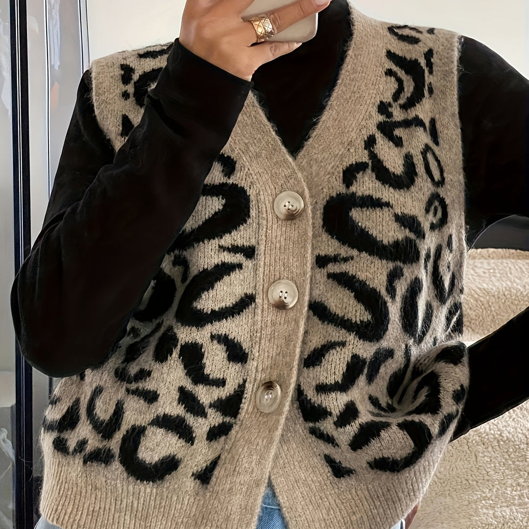 Knit Waistcoat Womens Animal Motif Button Front V Neck Sleeveless Hip Length - image 1