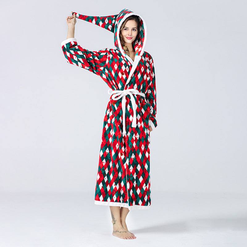 Christmas Dressing Gown Womens Hooded Long Robe Tie Waist Festive Print - image 5