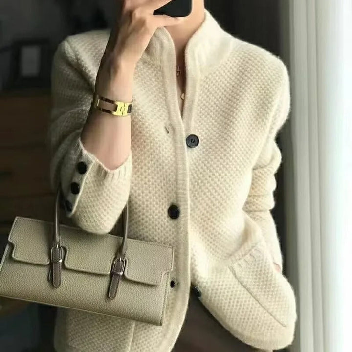 High Neck Cardigan Womens Stand Collar Button Up Waffle Knit Patch Pockets Relaxed Fit - image 1