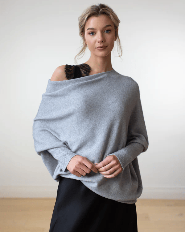 Jumper Womens Off Shoulder Cowl Neck Draped Asymmetric Hem Long Sleeve - image 1