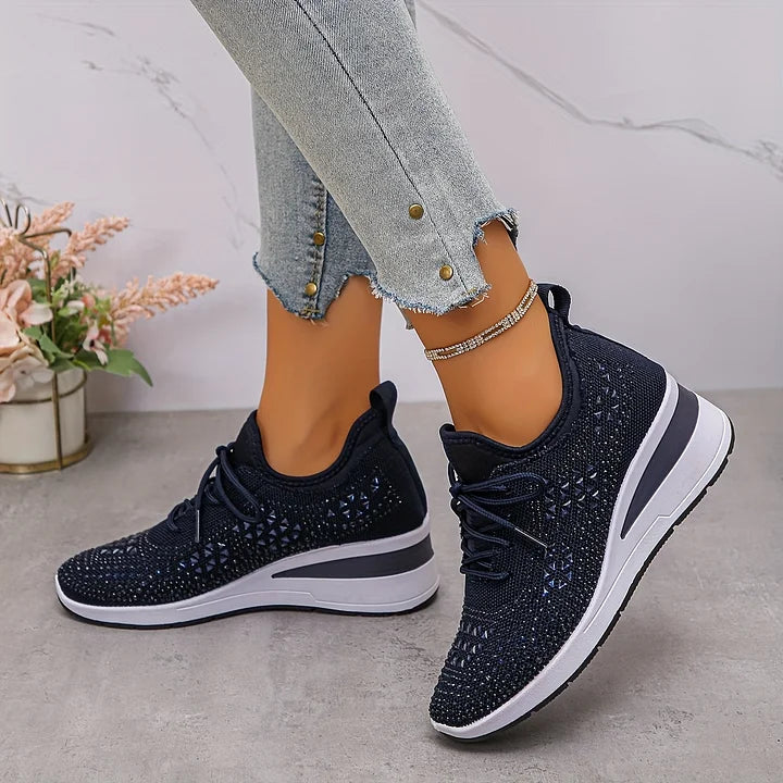 Orthopaedic Trainers Womens Arch Support Hidden Wedge Rhinestone Knit Lace Up - image 6