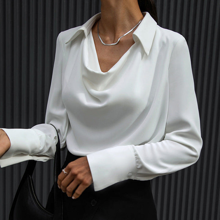 Satin Blouse Womens Long Sleeve Cowl Neck Collared Office Top Relaxed Fit - image 1
