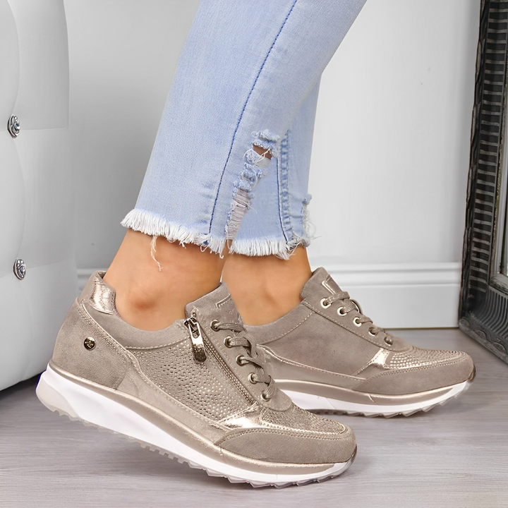 Zip Trainers Womens Wedge Sole Lace Up Sparkle Panel Suede-Look Cushioned - image 9