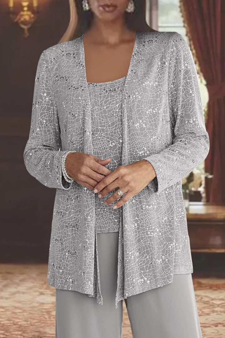 Three Piece Set Womens Sequin Cardigan Top Wide Leg Trousers