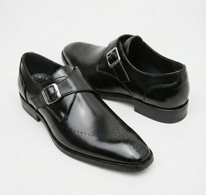 Monk Strap Shoes Mens Single Buckle Brogue Detail Leather-Look Formal Wedding Office - image 1