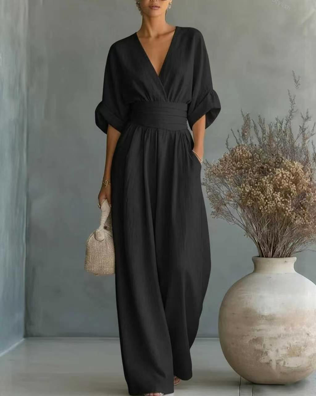Jumpsuit Womens Wide Leg V Neck High Waist Linen Look Half Sleeve Pockets - image 2