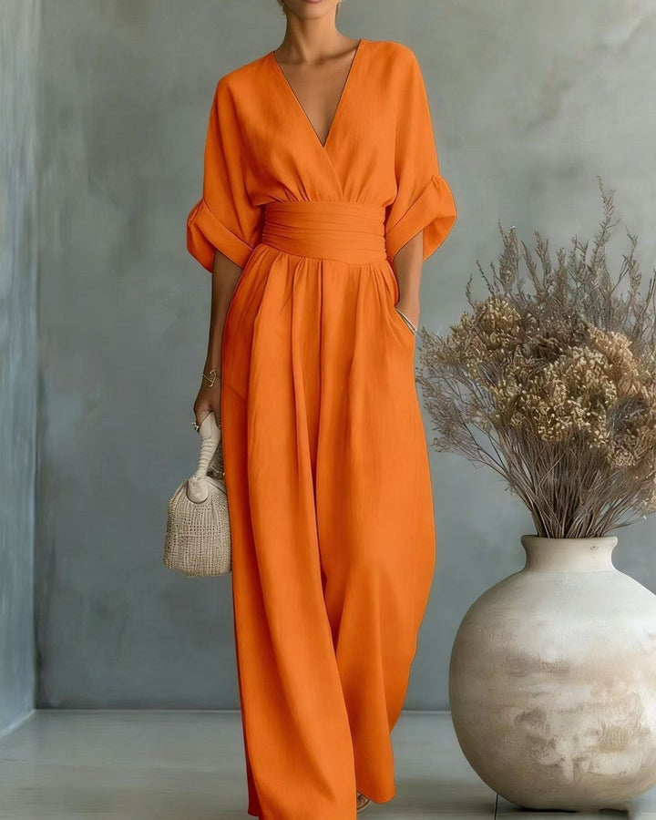 Jumpsuit Womens Wide Leg V Neck High Waist Linen Look Half Sleeve Pockets - image 8