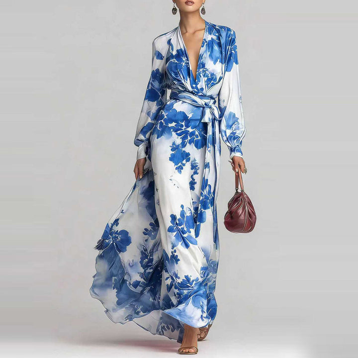 Chiffon Maxi Dress Womens Floral Long Lantern Sleeve Deep V Neck - image 4