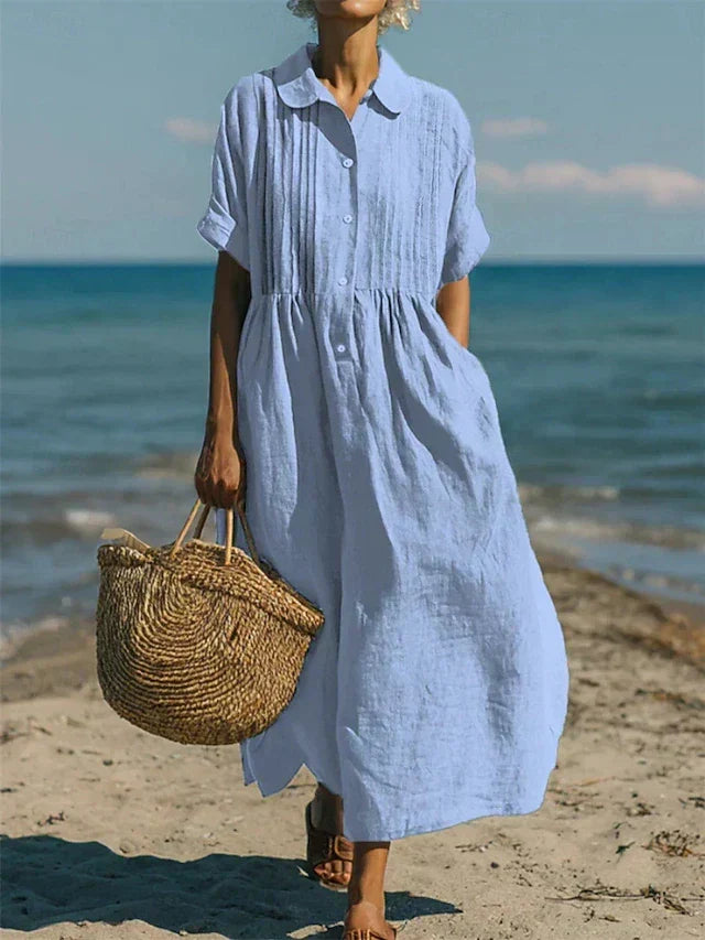Linen Shirt Dress Womens Collared Pintuck Bodice Short Sleeve Maxi - image 4