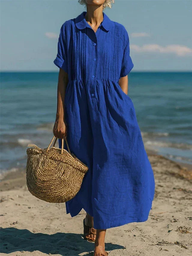 Linen Shirt Dress Womens Collared Pintuck Bodice Short Sleeve Maxi - image 5