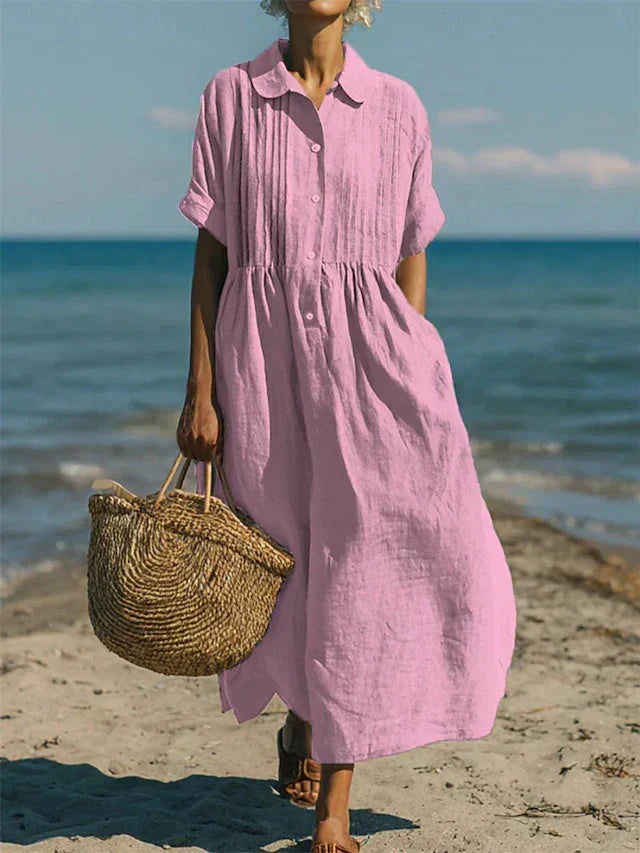 Linen Shirt Dress Womens Collared Pintuck Bodice Short Sleeve Maxi - image 6