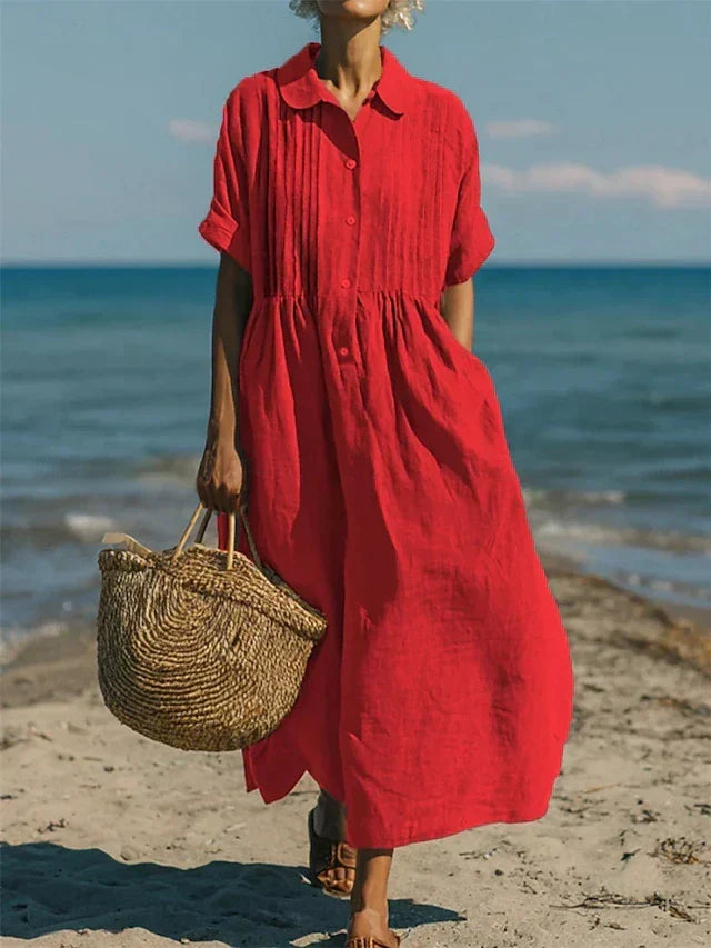 Linen Shirt Dress Womens Collared Pintuck Bodice Short Sleeve Maxi - image 8