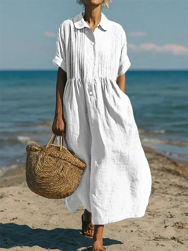 Linen Shirt Dress Womens Collared Pintuck Bodice Short Sleeve Maxi - image 3