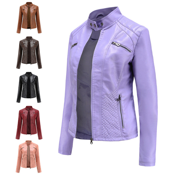 Faux Leather Jacket Womens Biker Stand Collar Zip Up Quilted Slim Fit - image 17