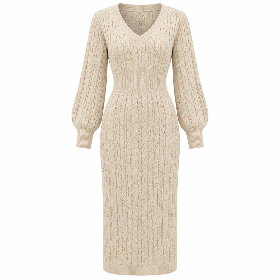 Knitted Midi Dress Womens V Neck Long Sleeve Textured Jumper Dress - image 2