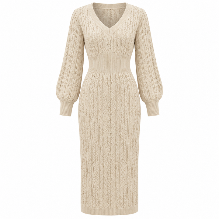 Knitted Midi Dress Womens V Neck Long Sleeve Textured Jumper Dress - image 2