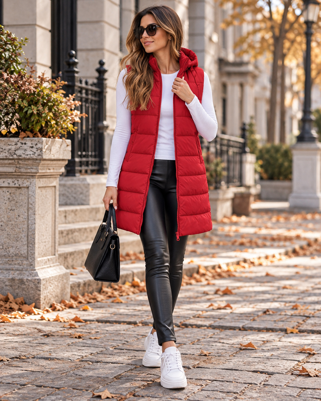 Long Puffer Gilet Womens Hooded Quilted Full Zip Sleeveless Side Pockets - image 2