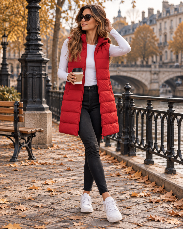 Long Puffer Gilet Womens Hooded Quilted Full Zip Sleeveless Side Pockets - image 1