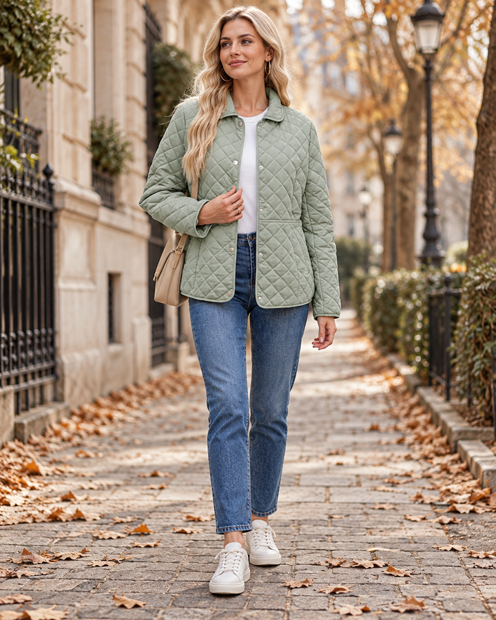 Quilted Jacket Womens Diamond Quilt Collared Snap Button Lightweight Long Sleeve Relaxed Fit - image 1