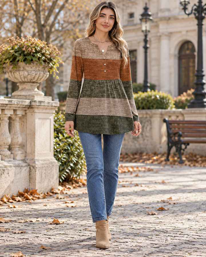 Tunic Top Womens Henley V Neck Colour Block Stripe Long Sleeve Gathered Waist Relaxed Fit - image 1