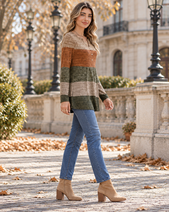 Tunic Top Womens Henley V Neck Colour Block Stripe Long Sleeve Gathered Waist Relaxed Fit - image 2