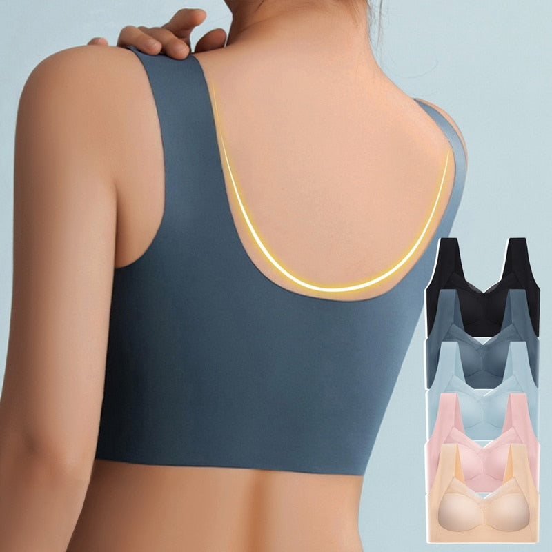 Push Up Bra Womens Seamless Wide Strap Mesh Panel V Neckline Full Back Coverage - image 2