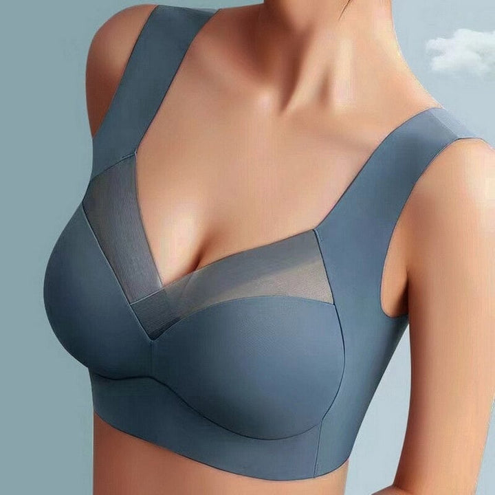 Push Up Bra Womens Seamless Wide Strap Mesh Panel V Neckline Full Back Coverage - image 1
