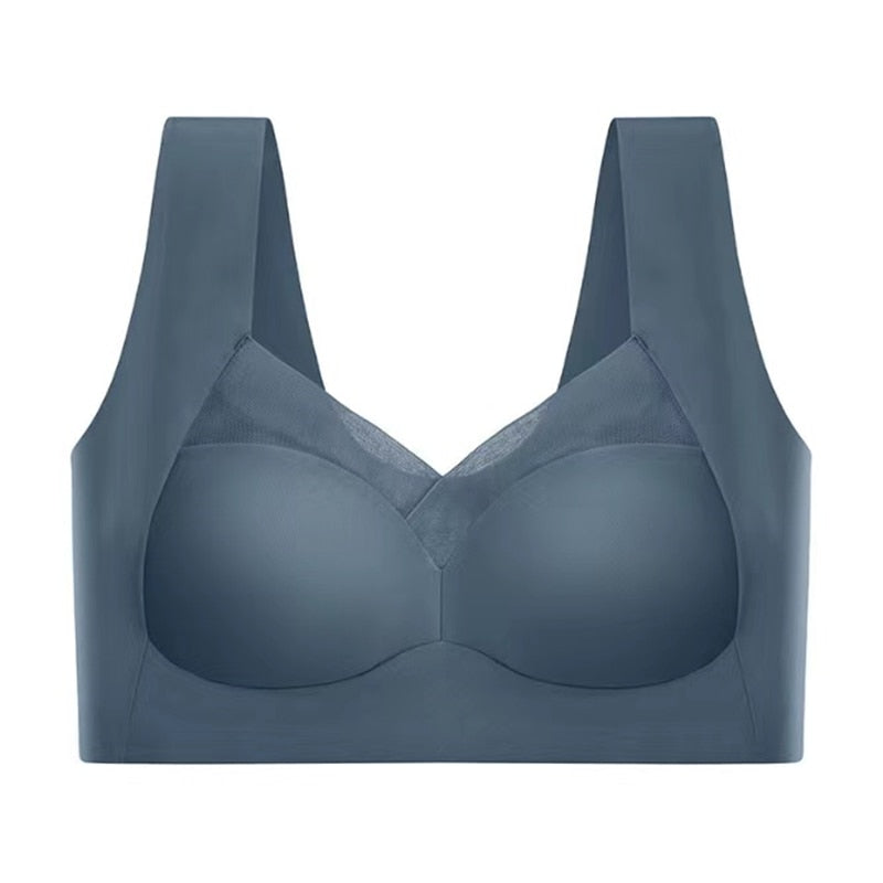 Push Up Bra Womens Seamless Wide Strap Mesh Panel V Neckline Full Back Coverage - image 12