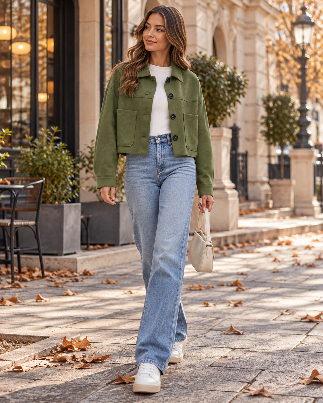 Cropped Jacket Womens Faux Suede Collared Button Front Patch Pockets Boxy Fit Long Sleeve - image 1