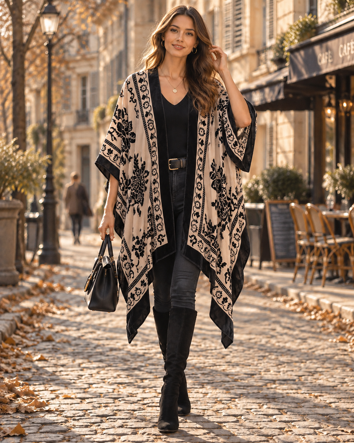 Kimono Womens Longline Velvet Effect Floral Open Front Tassel Fringe Boho Cover Up