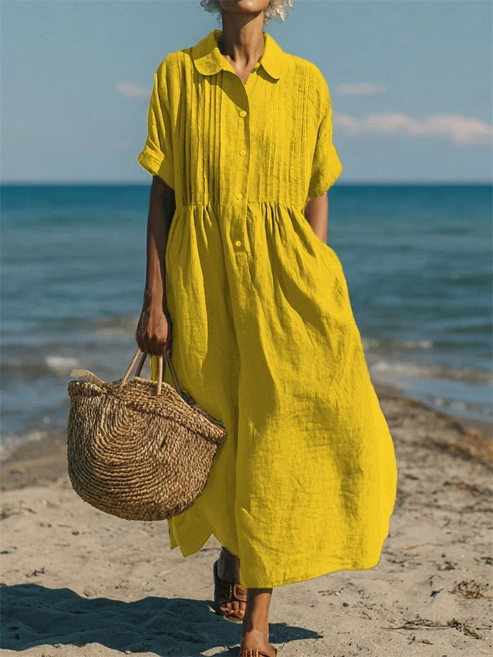 Linen Shirt Dress Womens Collared Pintuck Bodice Short Sleeve Maxi - image 9