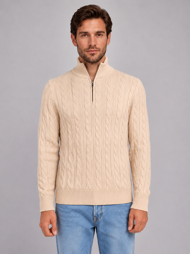 Quarter Zip Jumper Mens Cable Knit Funnel Neck Ribbed Cuffs Regular Fit - image 1