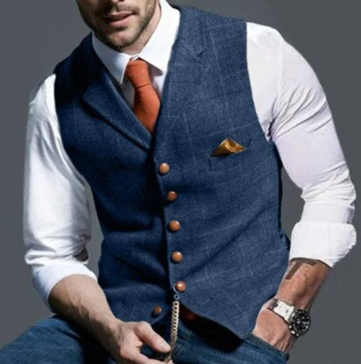 Waistcoat Mens Tweed Look Check Notch Lapel Single Breasted Button Front Vintage Style - image 1