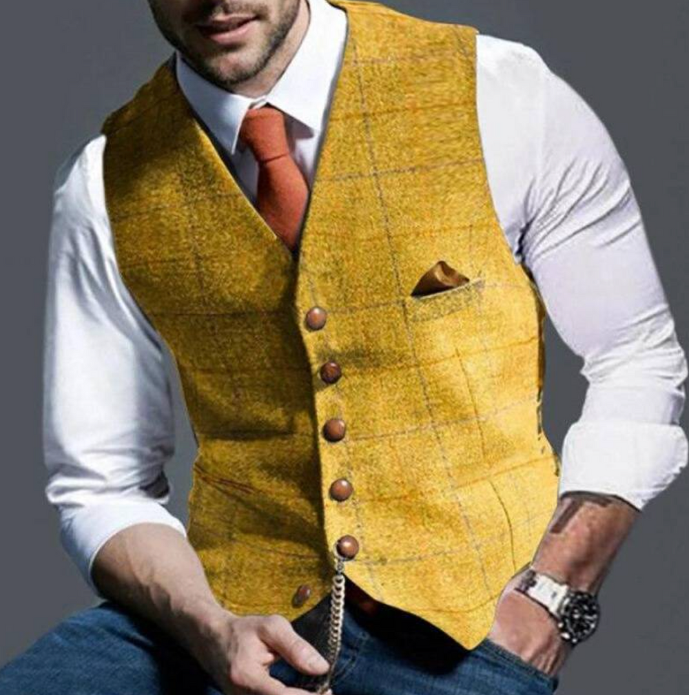 Waistcoat Mens Tweed Look Check Notch Lapel Single Breasted Button Front Vintage Style - image 2