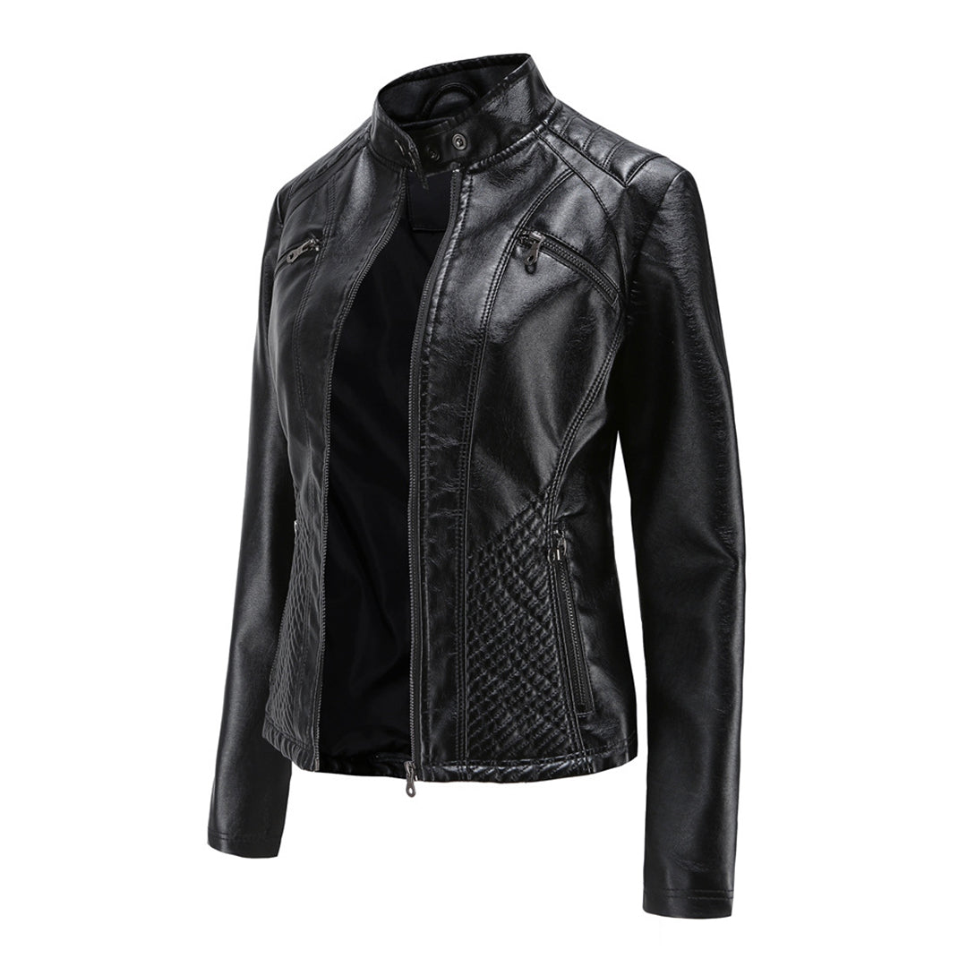 Faux Leather Jacket Womens Biker Stand Collar Zip Up Quilted Slim Fit - image 13